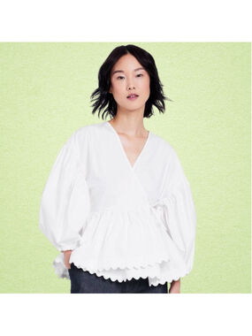 Kika Vargas xTarget White V-Neck Balloon Sleeve Scallop Ruffle Tie Cotton Top L
